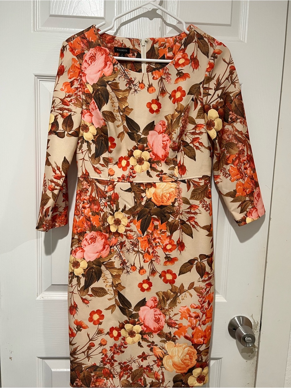 Talbots Cream Floral Long-Sleeve Sheath Dress with Coral and Brown Accents